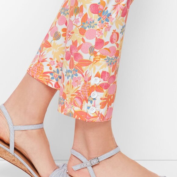 Talbots 12 Perfect Crop Pants Fruit & Flowers Pink Orange Button Cuffs Tropical - Picture 3 of 16